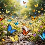 Uma grande quantidade de borboletas coloridas voando sobre plantas verdes e flores ao ar livre durante o dia.