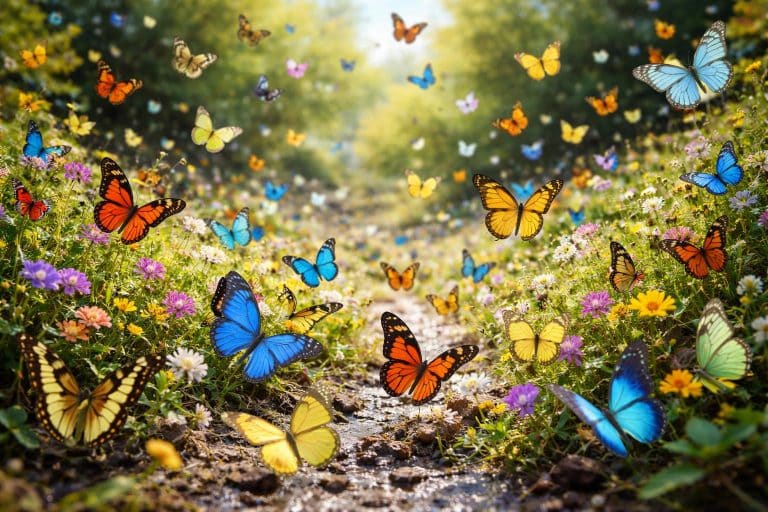 Uma grande quantidade de borboletas coloridas voando sobre plantas verdes e flores ao ar livre durante o dia.