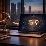 Um ambiente de trabalho moderno com uma mesa elegante, um laptop aberto mostrando um gráfico astrológico sutil, e uma pequena estátua de bode, com uma janela ao fundo mostrando a paisagem da cidade ao anoitecer.