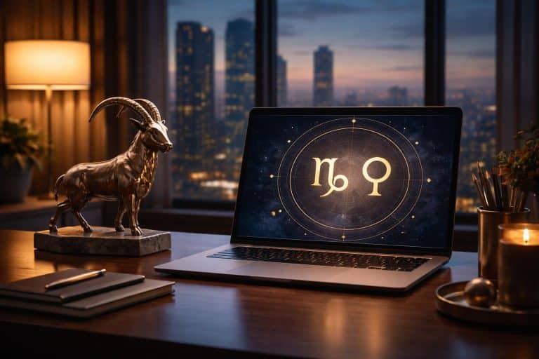Um ambiente de trabalho moderno com uma mesa elegante, um laptop aberto mostrando um gráfico astrológico sutil, e uma pequena estátua de bode, com uma janela ao fundo mostrando a paisagem da cidade ao anoitecer.