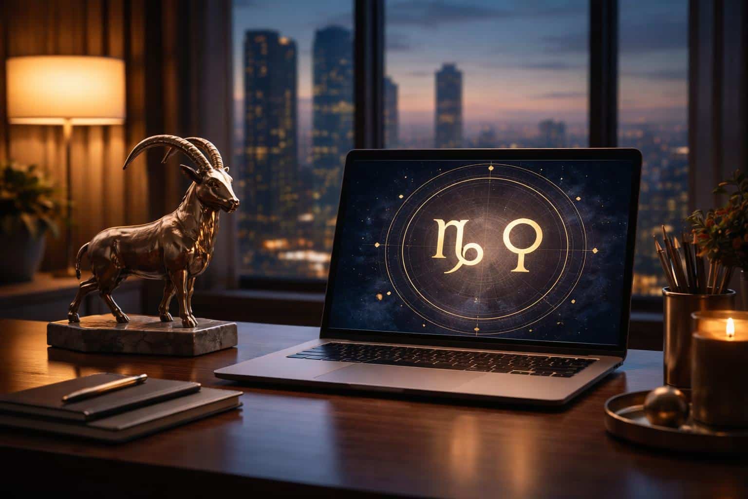 Um ambiente de trabalho moderno com uma mesa elegante, um laptop aberto mostrando um gráfico astrológico sutil, e uma pequena estátua de bode, com uma janela ao fundo mostrando a paisagem da cidade ao anoitecer.