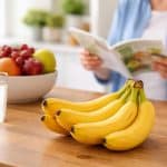 Bananas frescas em uma bancada de cozinha com frutas ao redor e uma pessoa lendo um livro sobre saúde ao fundo.