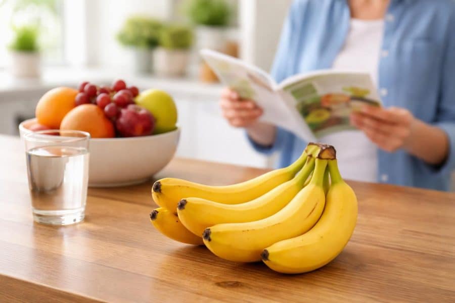 Bananas frescas em uma bancada de cozinha com frutas ao redor e uma pessoa lendo um livro sobre saúde ao fundo.
