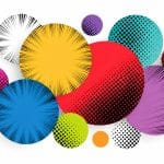 Várias círculos coloridos sobre um fundo claro, com padrões e texturas detalhadas.