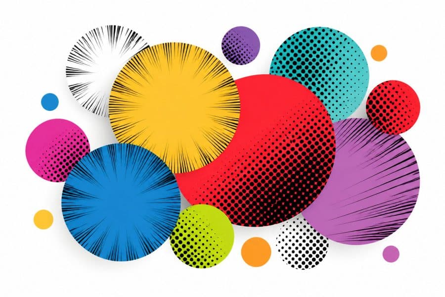 Várias círculos coloridos sobre um fundo claro, com padrões e texturas detalhadas.
