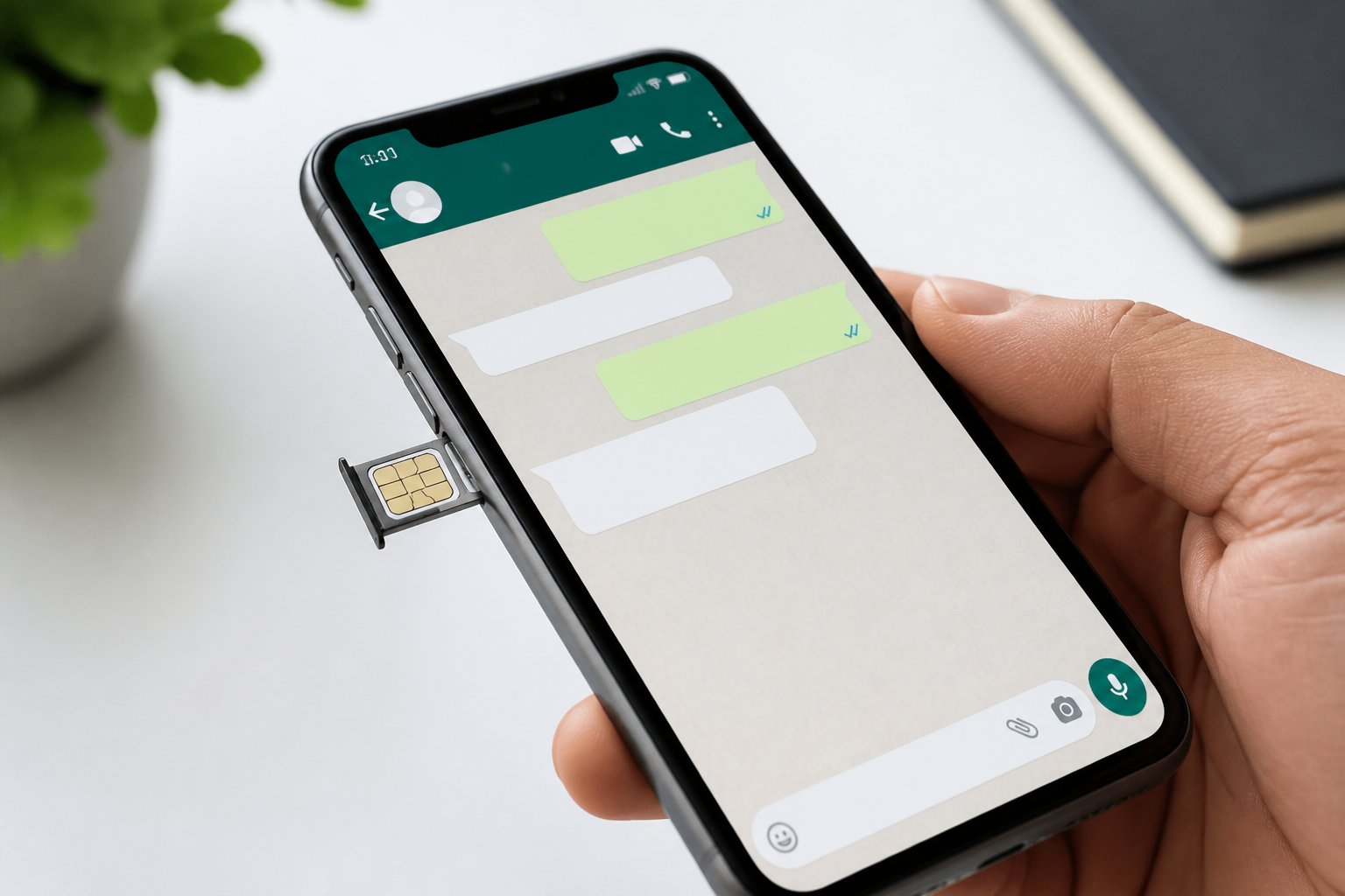 Uma mão segurando um celular com o chip parcialmente removido, mostrando a tela do WhatsApp aberta.