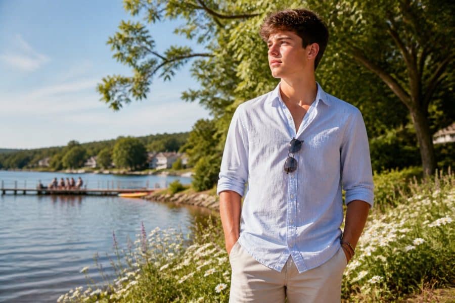 Um jovem em um parque ensolarado de verão, olhando pensativo para o horizonte próximo a um lago tranquilo.