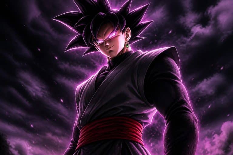 Homem com cabelo preto espetado e roupas escuras em pé sob um céu tempestuoso com nuvens escuras e energia roxa ao redor.