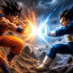 Dois guerreiros poderosos lutando intensamente em um cenário ao ar livre, com expressões determinadas e energia vibrante ao redor.
