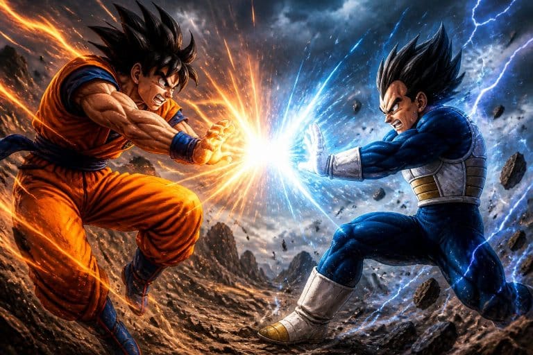 Dois guerreiros poderosos lutando intensamente em um cenário ao ar livre, com expressões determinadas e energia vibrante ao redor.