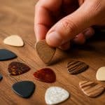 Mão pegando uma palheta de guitarra de uma coleção organizada de palhetas sobre uma superfície de madeira.