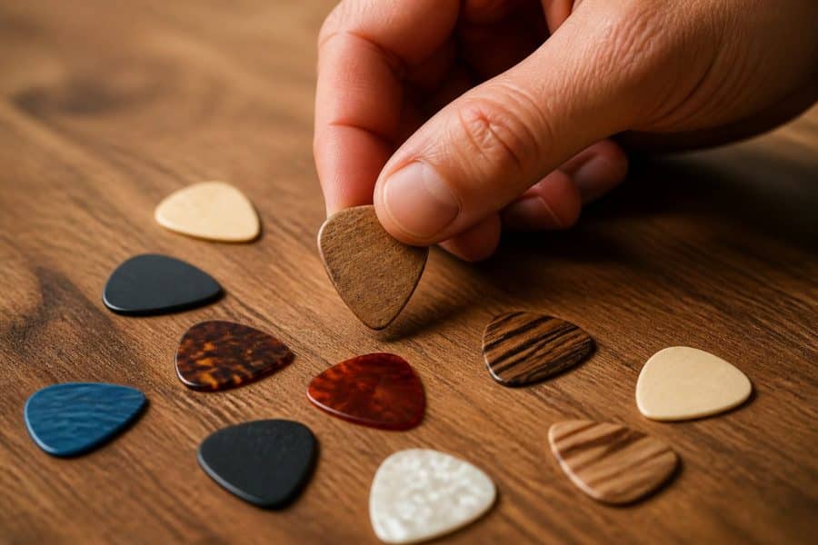 Mão pegando uma palheta de guitarra de uma coleção organizada de palhetas sobre uma superfície de madeira.