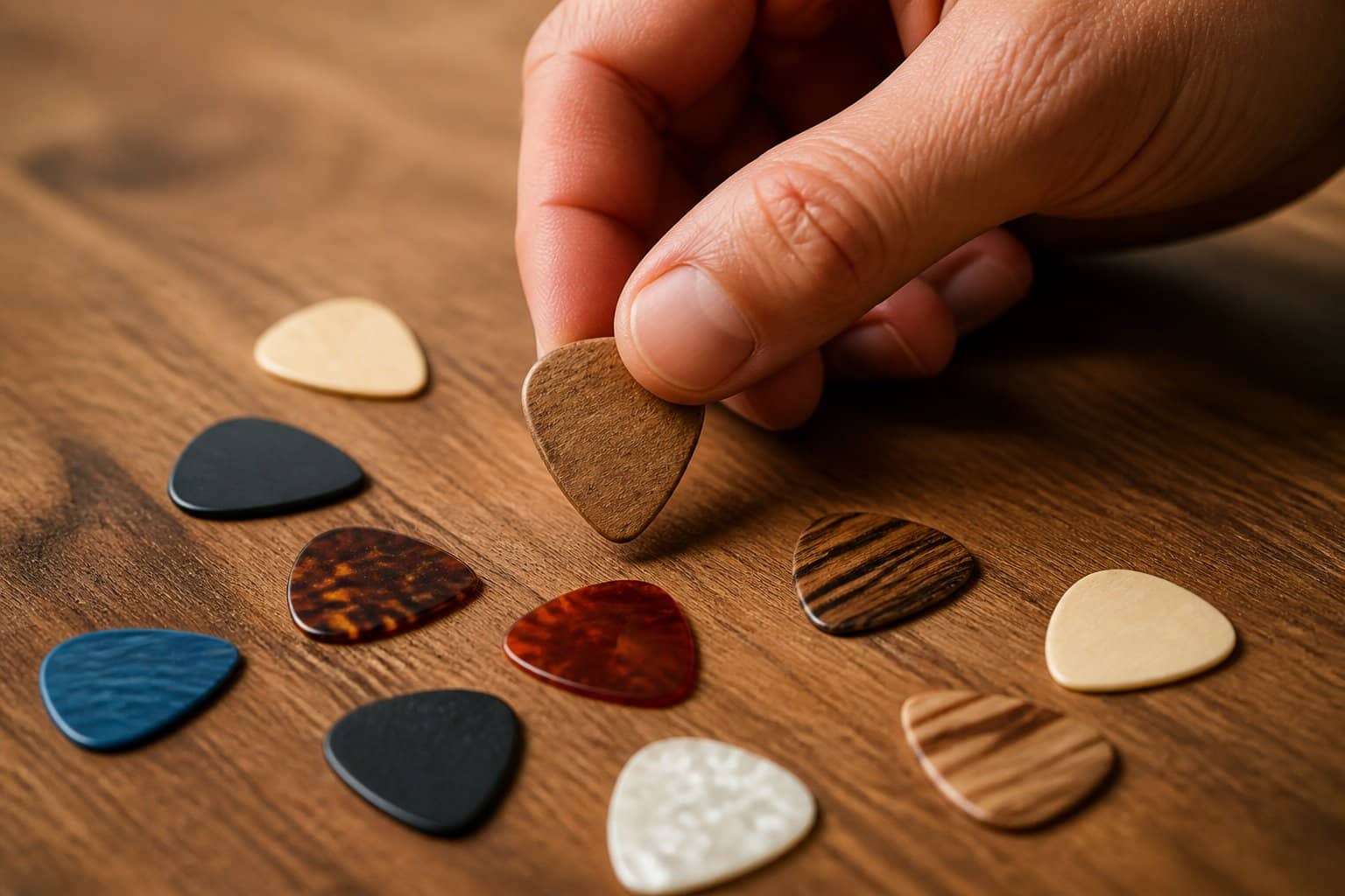 Mão pegando uma palheta de guitarra de uma coleção organizada de palhetas sobre uma superfície de madeira.
