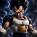 Homem musculoso com cabelo espetado preto e marca em forma de M na testa, vestindo armadura azul e dourada, em pose de batalha com céu tempestuoso ao fundo.