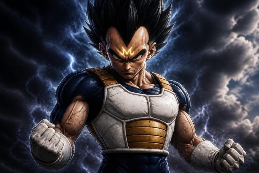 Homem musculoso com cabelo espetado preto e marca em forma de M na testa, vestindo armadura azul e dourada, em pose de batalha com céu tempestuoso ao fundo.