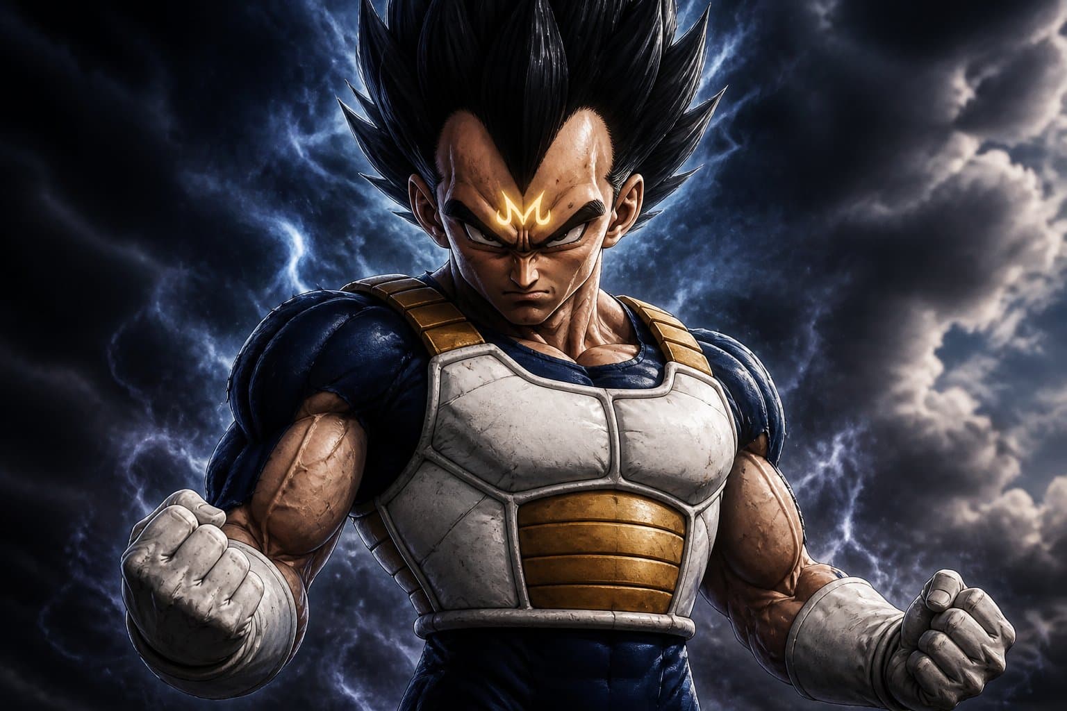 Homem musculoso com cabelo espetado preto e marca em forma de M na testa, vestindo armadura azul e dourada, em pose de batalha com céu tempestuoso ao fundo.