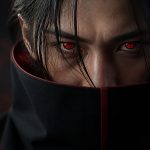 Rosto de um personagem com olhos vermelhos e padrão do Mangekyou Sharingan, com expressão intensa e fundo escuro.