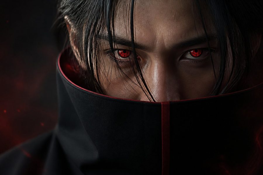 Rosto de um personagem com olhos vermelhos e padrão do Mangekyou Sharingan, com expressão intensa e fundo escuro.