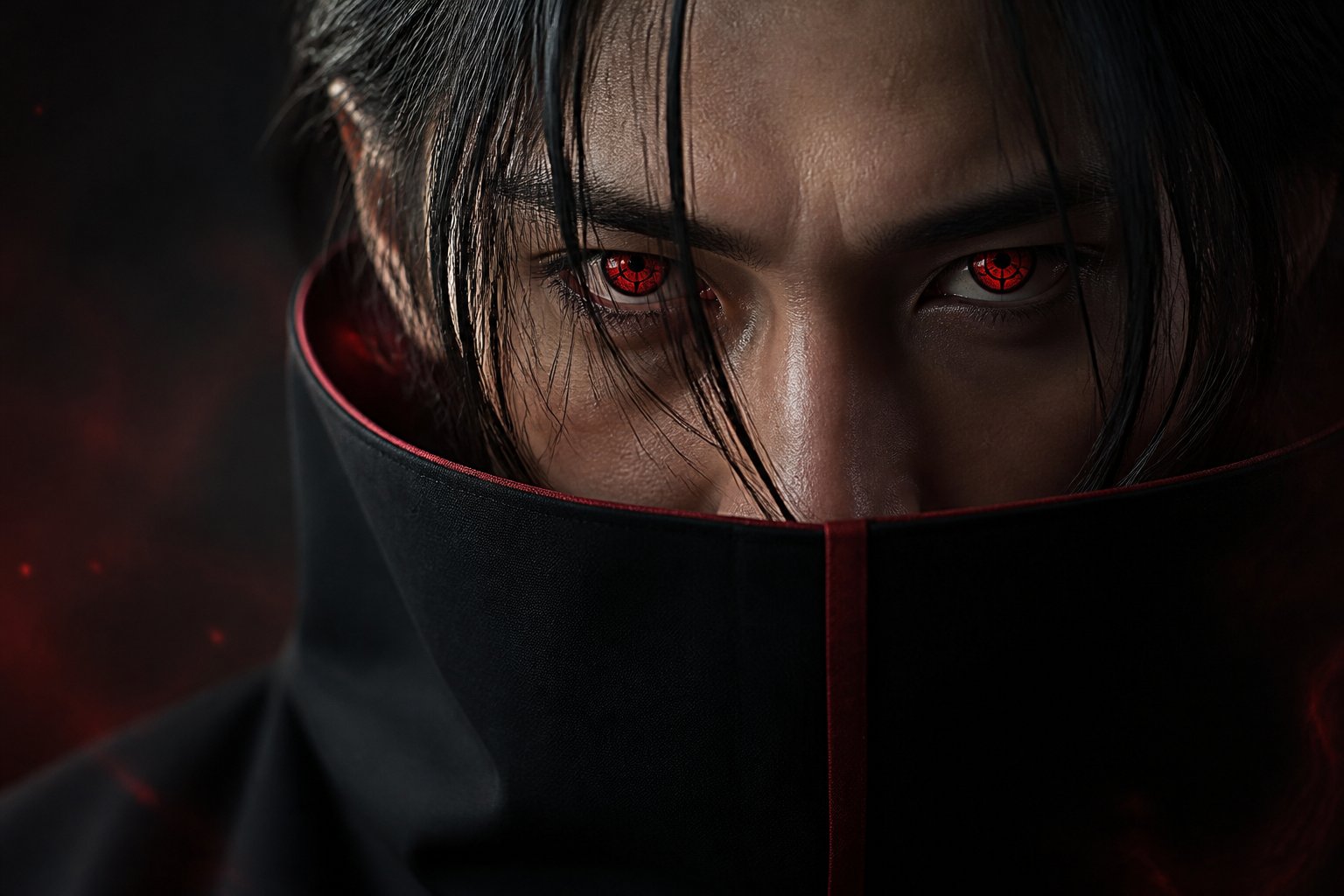 Rosto de um personagem com olhos vermelhos e padrão do Mangekyou Sharingan, com expressão intensa e fundo escuro.